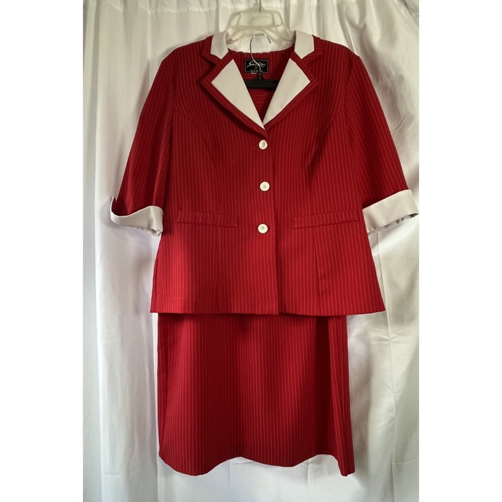 Vtg Y2K Sweet Suit Womens Top & Skirt Size 14W Red W/White Pin Stripe